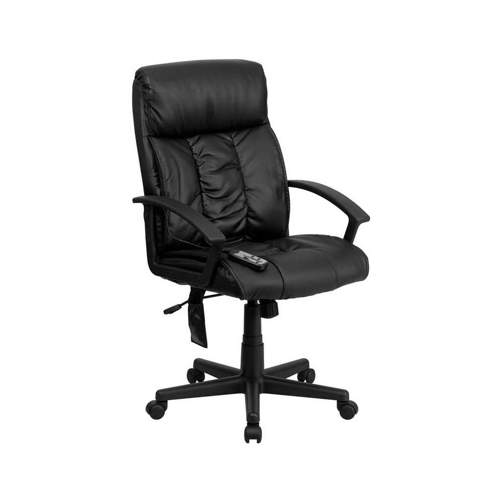 High Back Ergonomic Massaging Black LeatherSoft Executive Swivel Office Chair with Side Remote Pocket and Arms