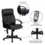 High Back Ergonomic Massaging Black LeatherSoft Executive Swivel Office Chair with Side Remote Pocket and Arms