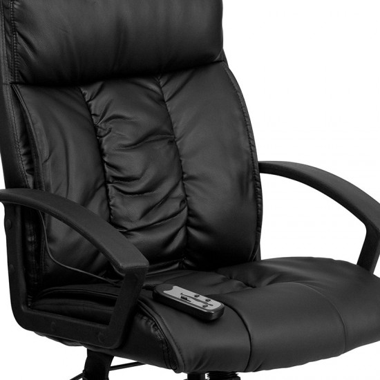 High Back Ergonomic Massaging Black LeatherSoft Executive Swivel Office Chair with Side Remote Pocket and Arms