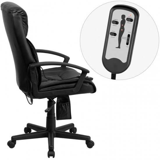 High Back Ergonomic Massaging Black LeatherSoft Executive Swivel Office Chair with Side Remote Pocket and Arms