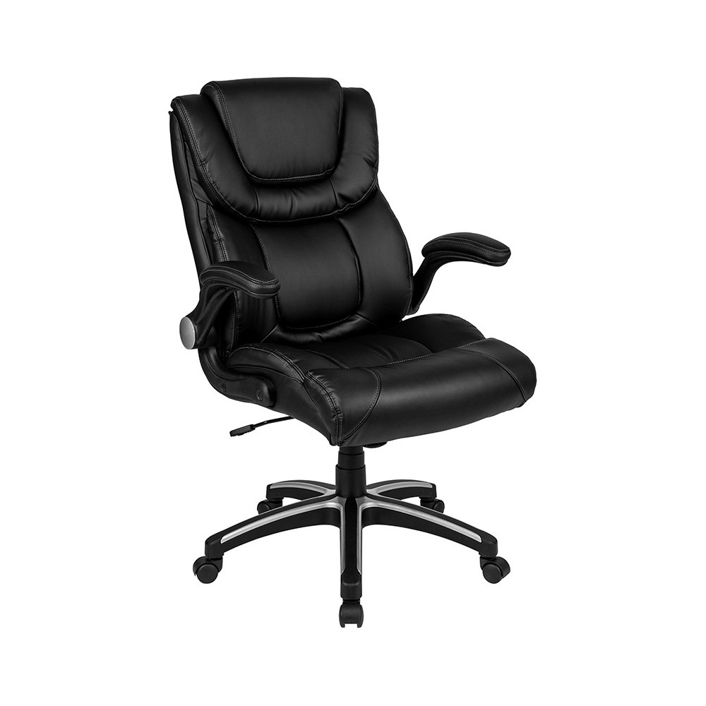 High Back Black LeatherSoft Executive Swivel Office Chair with Double Layered Headrest and Open Arms