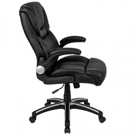 High Back Black LeatherSoft Executive Swivel Office Chair with Double Layered Headrest and Open Arms