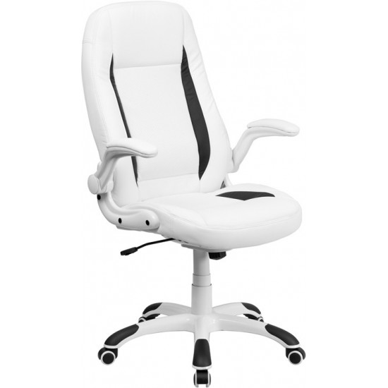 High Back White LeatherSoft Executive Swivel Ergonomic Office Chair with Flip-Up Arms