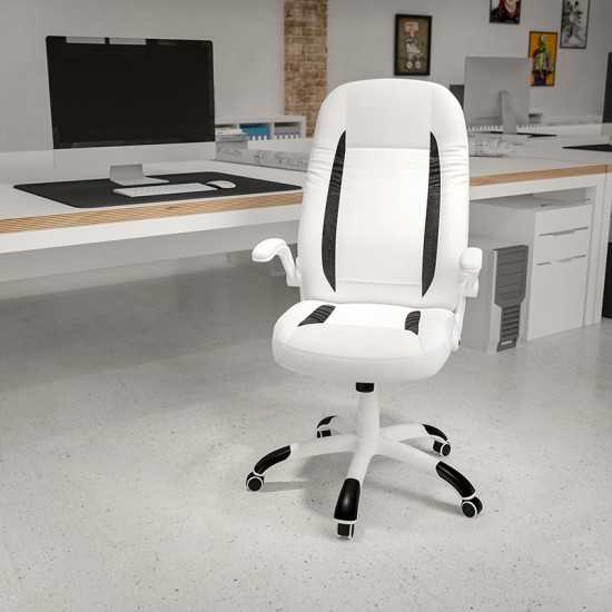 High Back White LeatherSoft Executive Swivel Ergonomic Office Chair with Flip-Up Arms