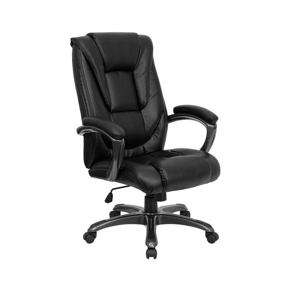 High Back Black LeatherSoft Layered Upholstered Executive Swivel Ergonomic Office Chair with Smoke Metal Base and Arms