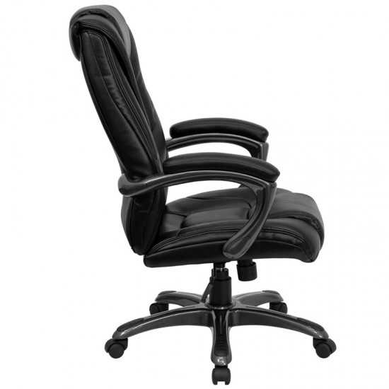 High Back Black LeatherSoft Layered Upholstered Executive Swivel Ergonomic Office Chair with Smoke Metal Base and Arms