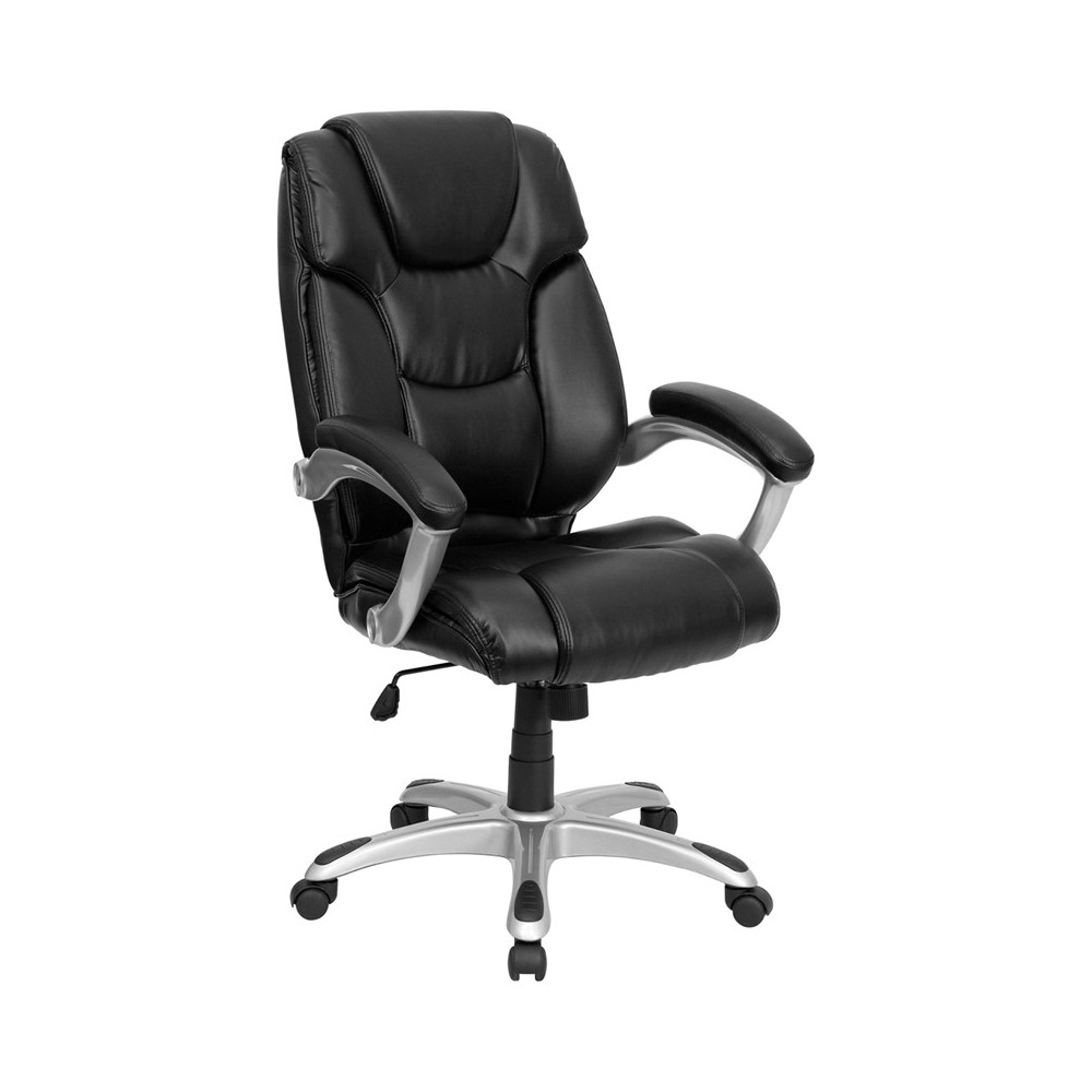 High Back Black LeatherSoft Layered Upholstered Executive Swivel Ergonomic Office Chair with Silver Nylon Base and Arms