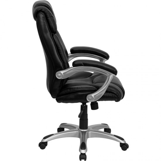 High Back Black LeatherSoft Layered Upholstered Executive Swivel Ergonomic Office Chair with Silver Nylon Base and Arms