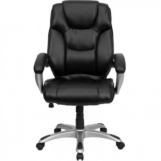 High Back Black LeatherSoft Layered Upholstered Executive Swivel Ergonomic Office Chair with Silver Nylon Base and Arms