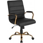 Mid-Back Black LeatherSoft Executive Swivel Office Chair with Gold Frame and Arms