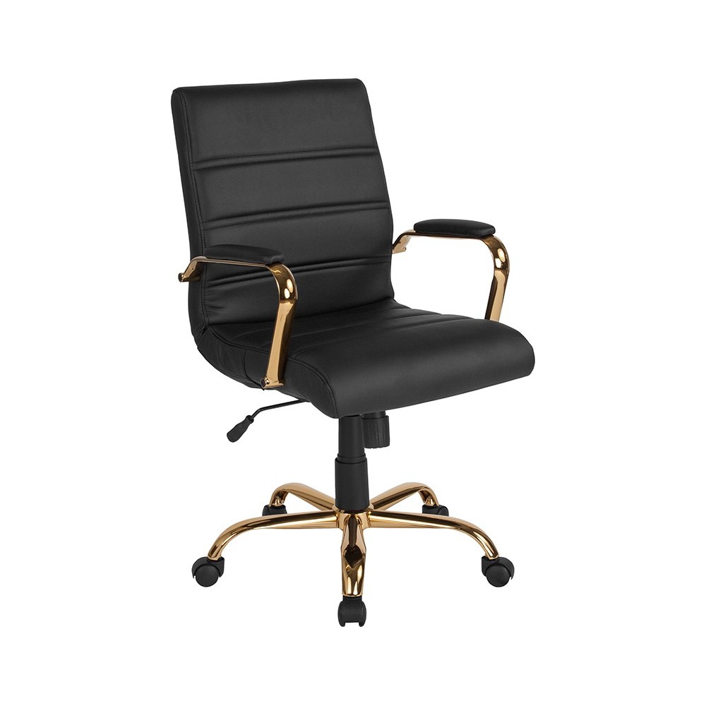 Mid-Back Black LeatherSoft Executive Swivel Office Chair with Gold Frame and Arms