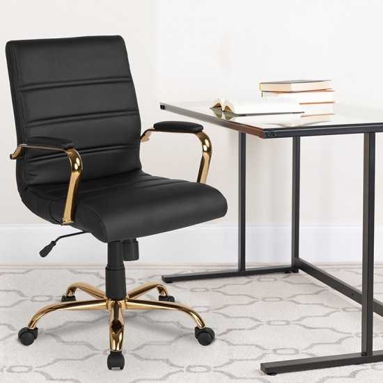 Mid-Back Black LeatherSoft Executive Swivel Office Chair with Gold Frame and Arms