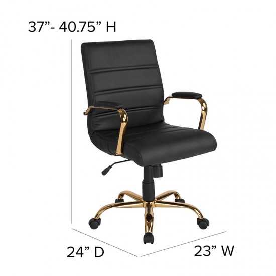 Mid-Back Black LeatherSoft Executive Swivel Office Chair with Gold Frame and Arms