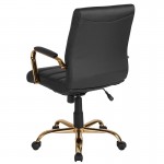 Mid-Back Black LeatherSoft Executive Swivel Office Chair with Gold Frame and Arms