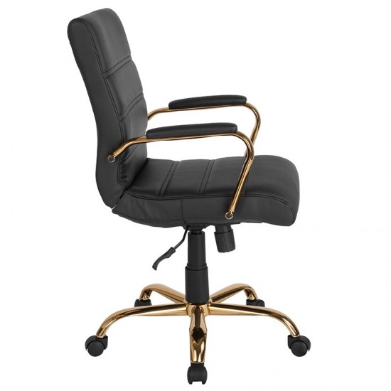 Mid-Back Black LeatherSoft Executive Swivel Office Chair with Gold Frame and Arms