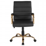 Mid-Back Black LeatherSoft Executive Swivel Office Chair with Gold Frame and Arms