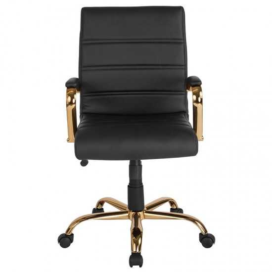 Mid-Back Black LeatherSoft Executive Swivel Office Chair with Gold Frame and Arms