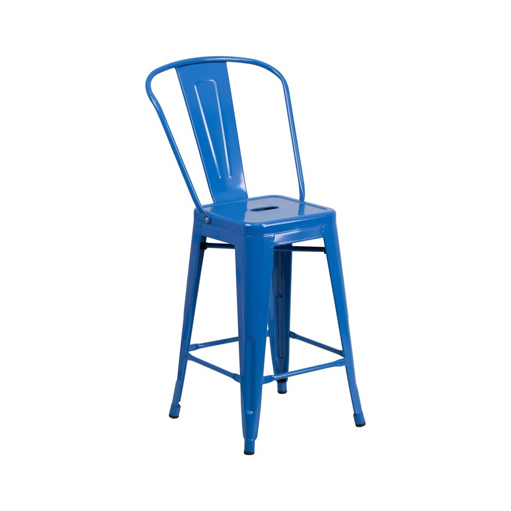 Commercial Grade 24" High Blue Metal Indoor-Outdoor Counter Height Stool with Removable Back