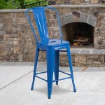 Commercial Grade 24" High Blue Metal Indoor-Outdoor Counter Height Stool with Removable Back