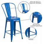 Commercial Grade 24" High Blue Metal Indoor-Outdoor Counter Height Stool with Removable Back