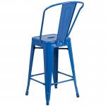 Commercial Grade 24" High Blue Metal Indoor-Outdoor Counter Height Stool with Removable Back