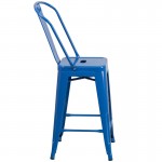 Commercial Grade 24" High Blue Metal Indoor-Outdoor Counter Height Stool with Removable Back