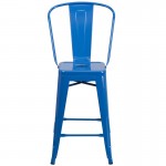 Commercial Grade 24" High Blue Metal Indoor-Outdoor Counter Height Stool with Removable Back