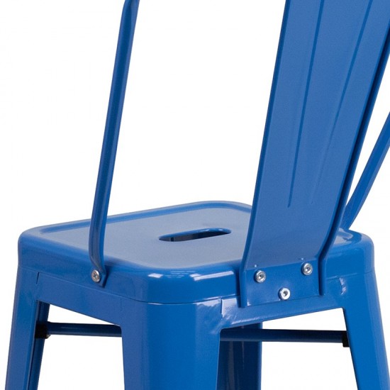 Commercial Grade 24" High Blue Metal Indoor-Outdoor Counter Height Stool with Removable Back