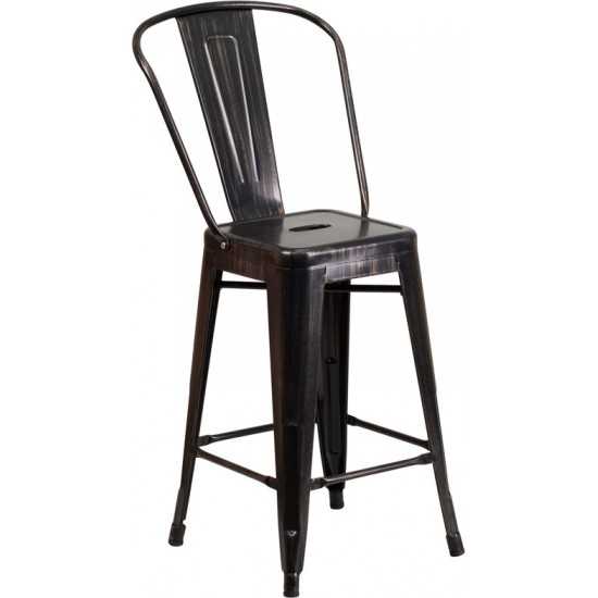 Commercial Grade 24" High Black-Antique Gold Metal Indoor-Outdoor Counter Height Stool with Removable Back