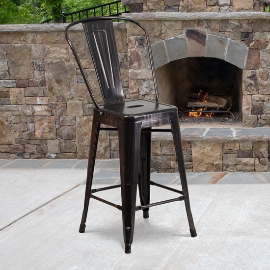 Commercial Grade 24" High Black-Antique Gold Metal Indoor-Outdoor Counter Height Stool with Removable Back