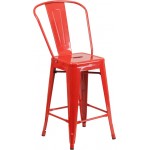 Commercial Grade 24" High Red Metal Indoor-Outdoor Counter Height Stool with Removable Back