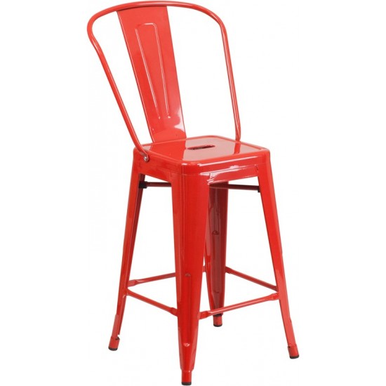 Commercial Grade 24" High Red Metal Indoor-Outdoor Counter Height Stool with Removable Back