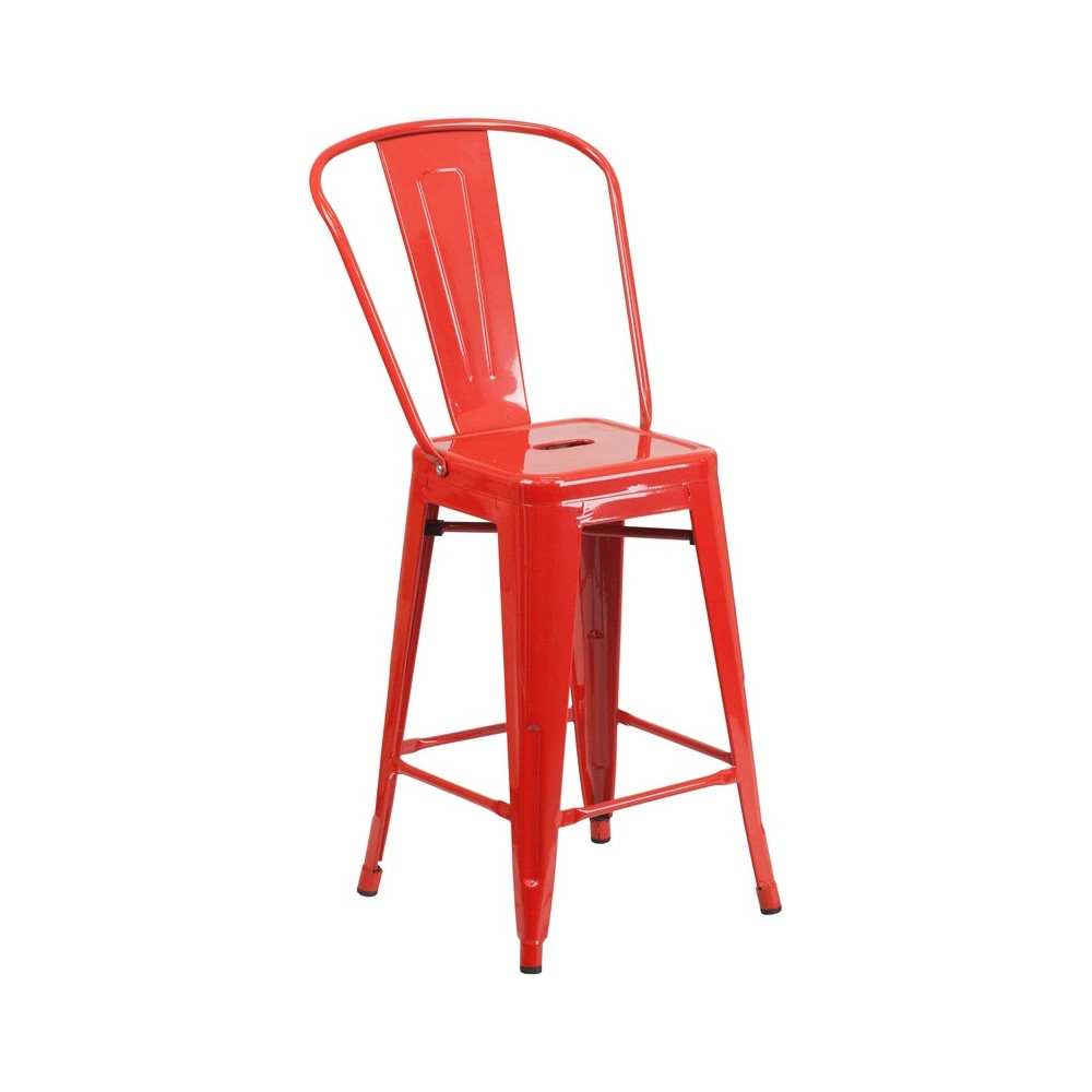 Commercial Grade 24" High Red Metal Indoor-Outdoor Counter Height Stool with Removable Back