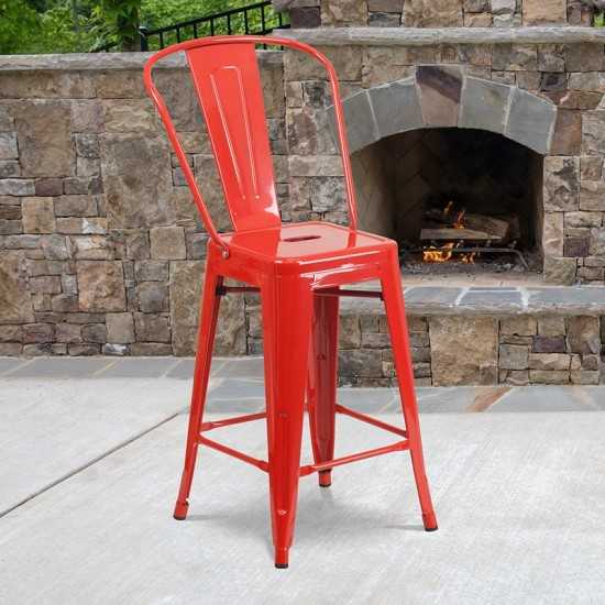 Commercial Grade 24" High Red Metal Indoor-Outdoor Counter Height Stool with Removable Back