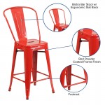 Commercial Grade 24" High Red Metal Indoor-Outdoor Counter Height Stool with Removable Back