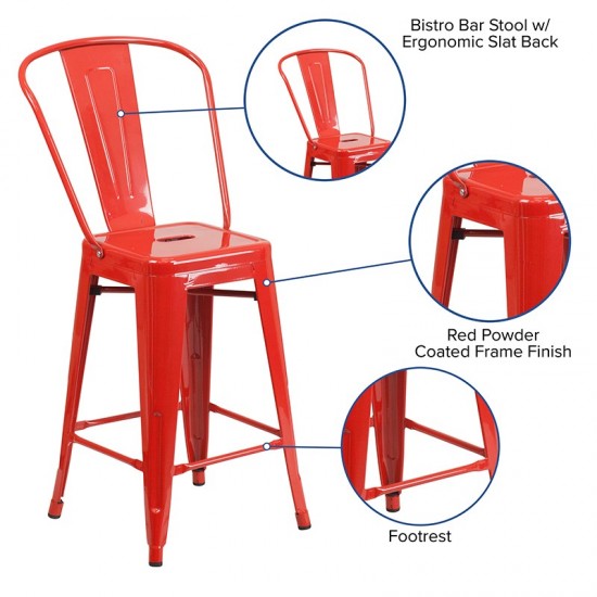 Commercial Grade 24" High Red Metal Indoor-Outdoor Counter Height Stool with Removable Back