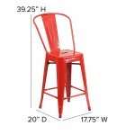 Commercial Grade 24" High Red Metal Indoor-Outdoor Counter Height Stool with Removable Back