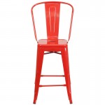 Commercial Grade 24" High Red Metal Indoor-Outdoor Counter Height Stool with Removable Back