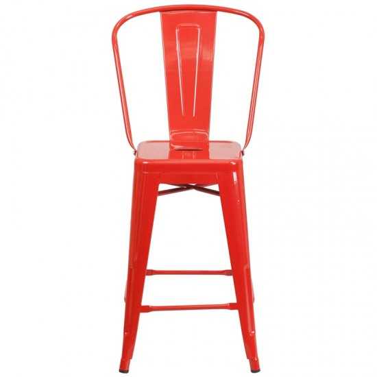 Commercial Grade 24" High Red Metal Indoor-Outdoor Counter Height Stool with Removable Back