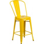 Commercial Grade 24" High Yellow Metal Indoor-Outdoor Counter Height Stool with Removable Back