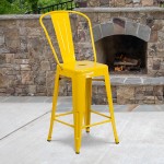 Commercial Grade 24" High Yellow Metal Indoor-Outdoor Counter Height Stool with Removable Back