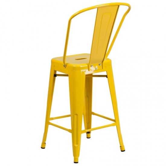 Commercial Grade 24" High Yellow Metal Indoor-Outdoor Counter Height Stool with Removable Back