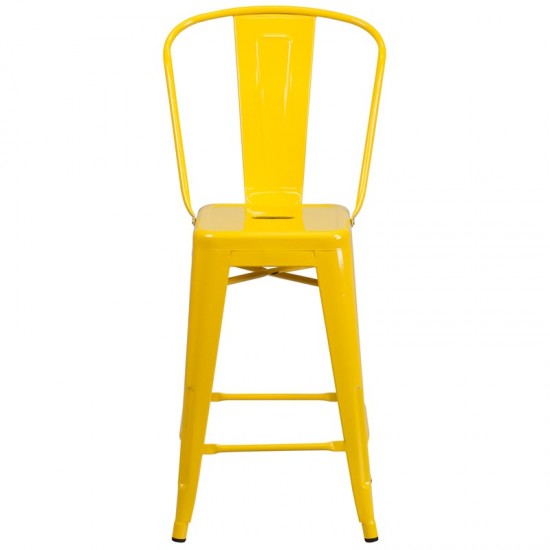 Commercial Grade 24" High Yellow Metal Indoor-Outdoor Counter Height Stool with Removable Back