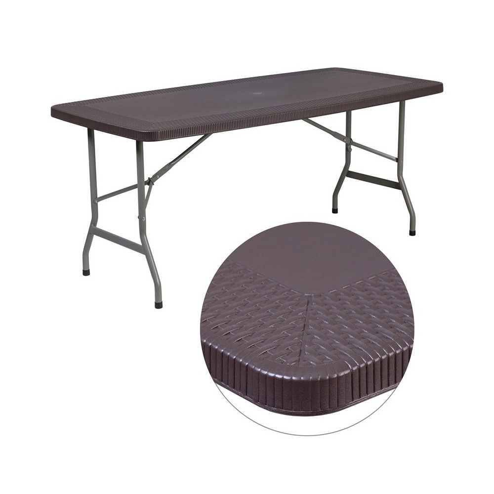 5.62-Foot Brown Rattan Indoor-Outdoor Plastic Folding Table