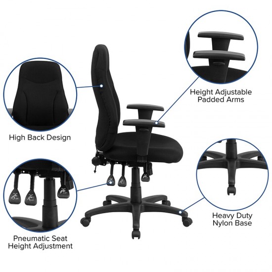 High Back Black Fabric Multifunction Swivel Ergonomic Task Office Chair with Adjustable Arms