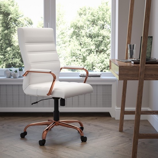 High Back White LeatherSoft Executive Swivel Office Chair with Rose Gold Frame and Arms