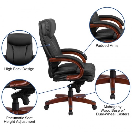 High Back Black LeatherSoft Executive Ergonomic Office Chair with Synchro-Tilt Mechanism, Mahogany Wood Base and Arms