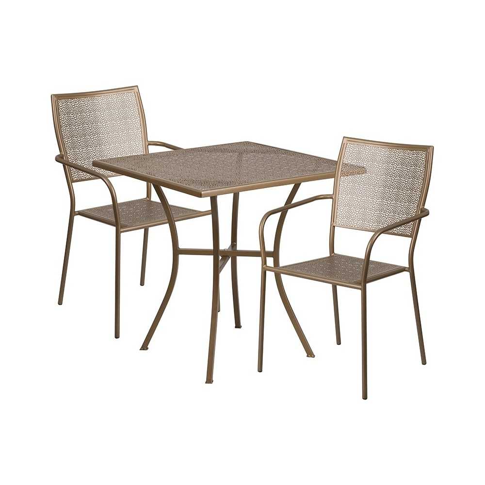 Commercial Grade 28" Square Gold Indoor-Outdoor Steel Patio Table Set with 2 Square Back Chairs