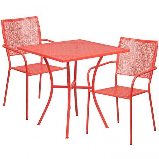 Commercial Grade 28" Square Coral Indoor-Outdoor Steel Patio Table Set with 2 Square Back Chairs