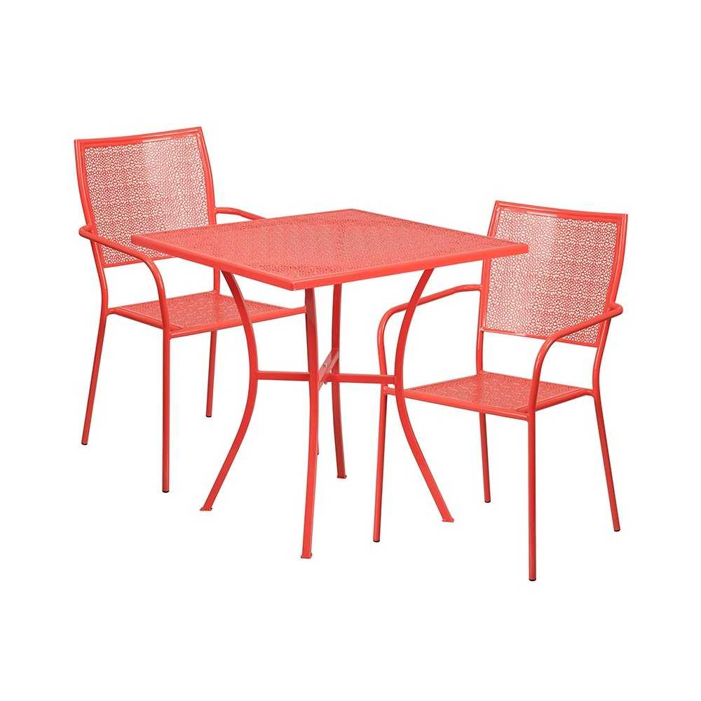 Commercial Grade 28" Square Coral Indoor-Outdoor Steel Patio Table Set with 2 Square Back Chairs